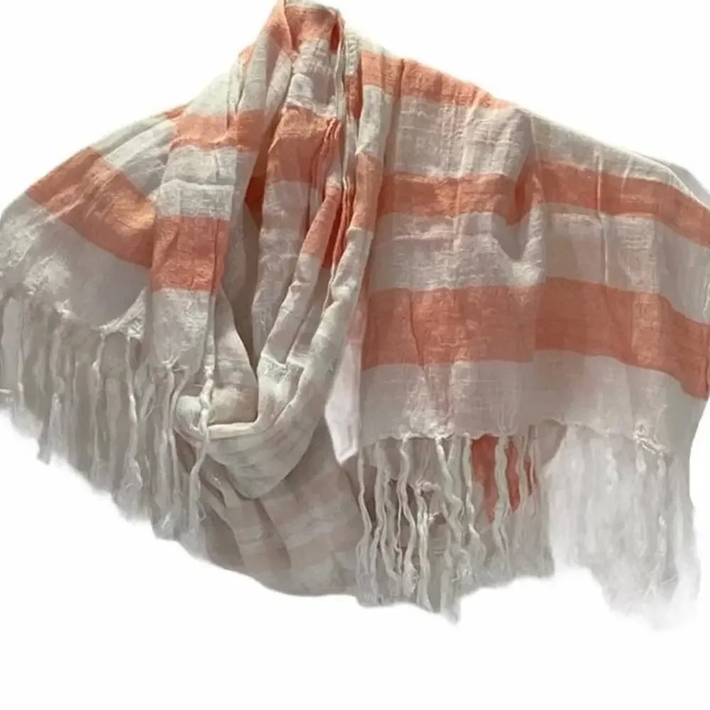 Orange White Silvery Striped Fringe Scarf L68